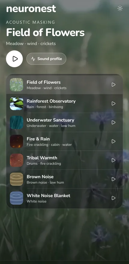 The NeuroNest Sounds screen: seven acoustic masking environments, Field of Flowers playing