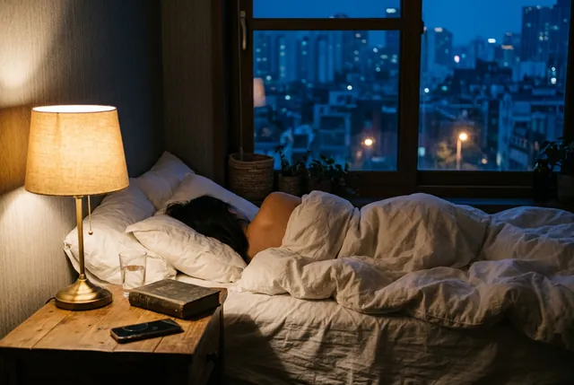 A softly lit bedroom at night, the phone on the nightstand