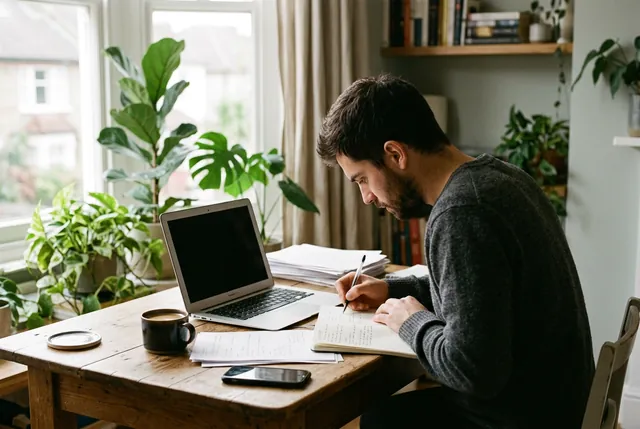 Deep concentration at a desk in a bright home office