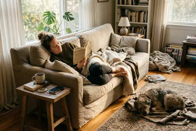 Reading on the sofa in late-afternoon light, the room gone calm