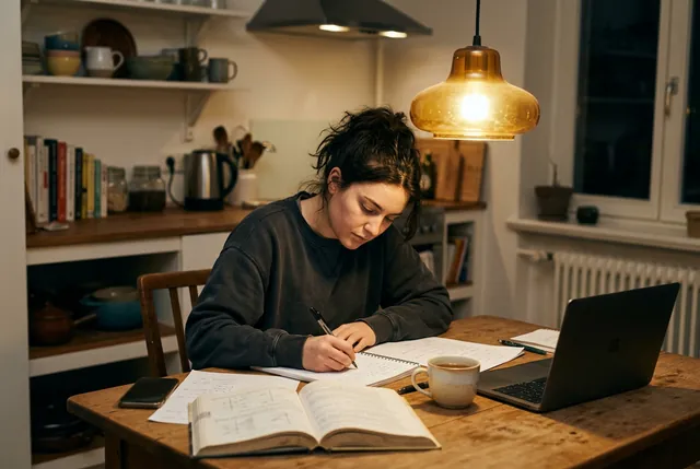 Studying at a kitchen table in the evening